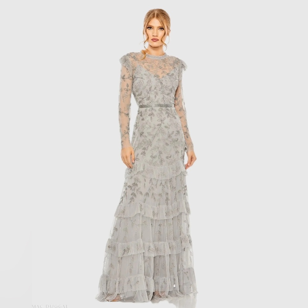 Mac Duggal Embroidered Tiered Lace Maxi Dress